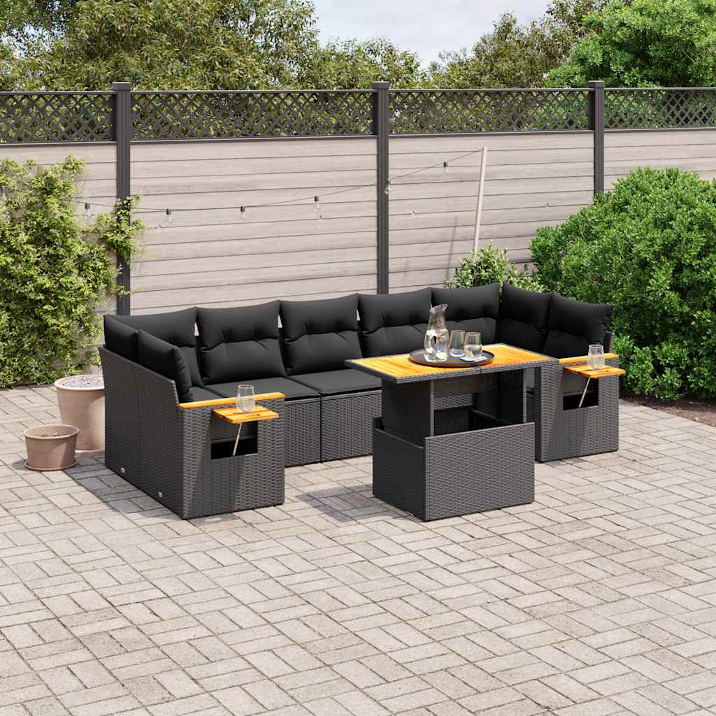 JUNG Vida 8-tlg. Garten-Sofagarnitur mit Kissen Schwarz Poly Rattan