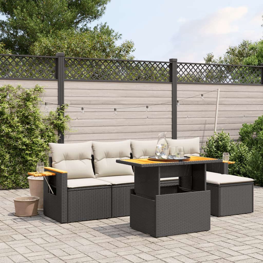 JUNG Vida 6-tlg. Garten-Sofagarnitur mit Kissen Schwarz Poly Rattan