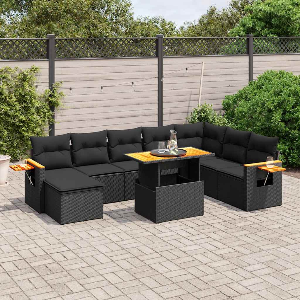 JUNG Vida 9-tlg. Garten-Sofagarnitur mit Kissen Schwarz Poly Rattan