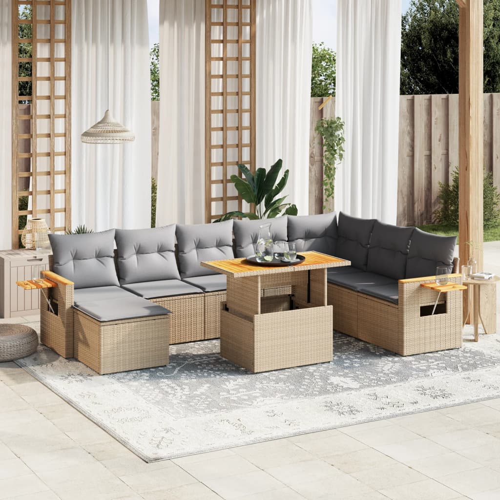 JUNG Vida 9-tlg. Garten-Sofagarnitur mit Kissen Beige Poly Rattan