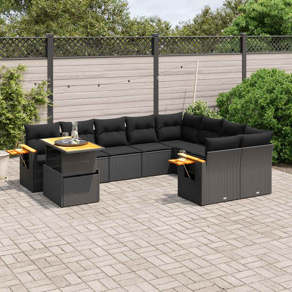 JUNG Vida 10-tlg. Garten-Sofagarnitur mit Kissen Schwarz Poly Rattan
