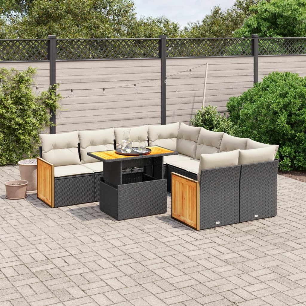 JUNG Vida 9-tlg. Garten-Sofagarnitur mit Kissen Schwarz Poly Rattan