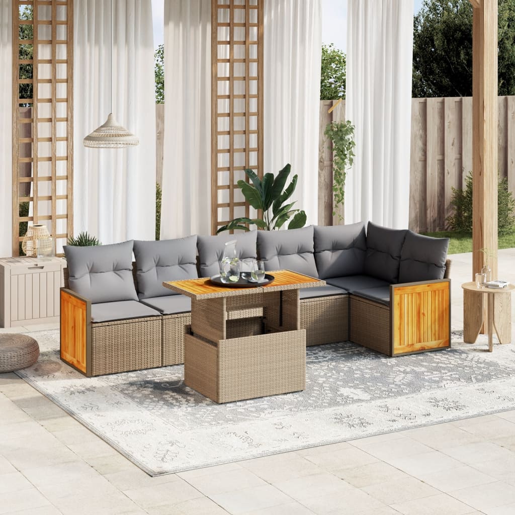 JUNG Vida 7-tlg. Garten-Sofagarnitur mit Kissen Beige Poly Rattan