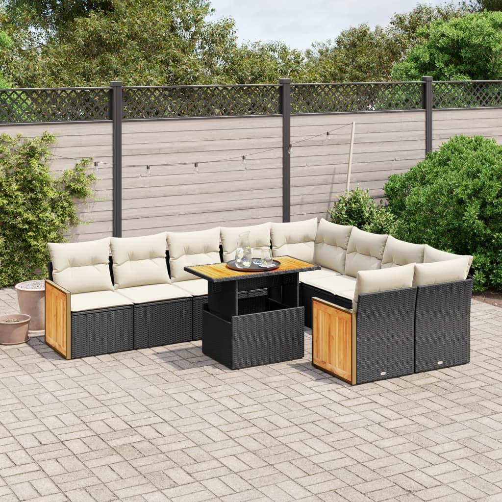 JUNG Vida 10-tlg. Garten-Sofagarnitur mit Kissen Schwarz Poly Rattan