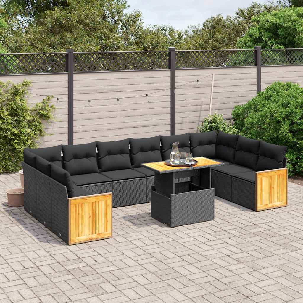 JUNG Vida 11-tlg. Garten-Sofagarnitur mit Kissen Schwarz Poly Rattan