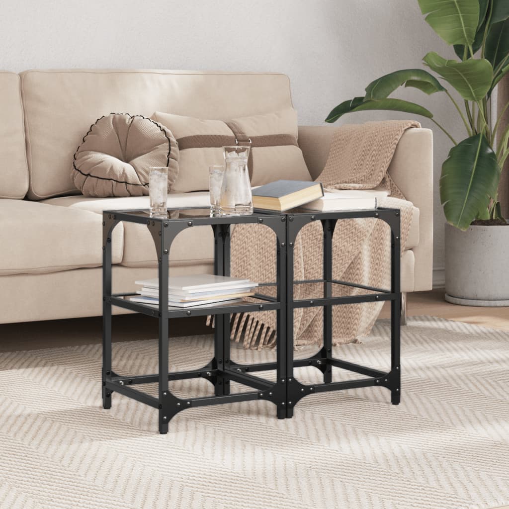 JUNG Vida Couchtische mit Glasplatte 2 Stk. Schwarz 30x30x45 cm Stahl