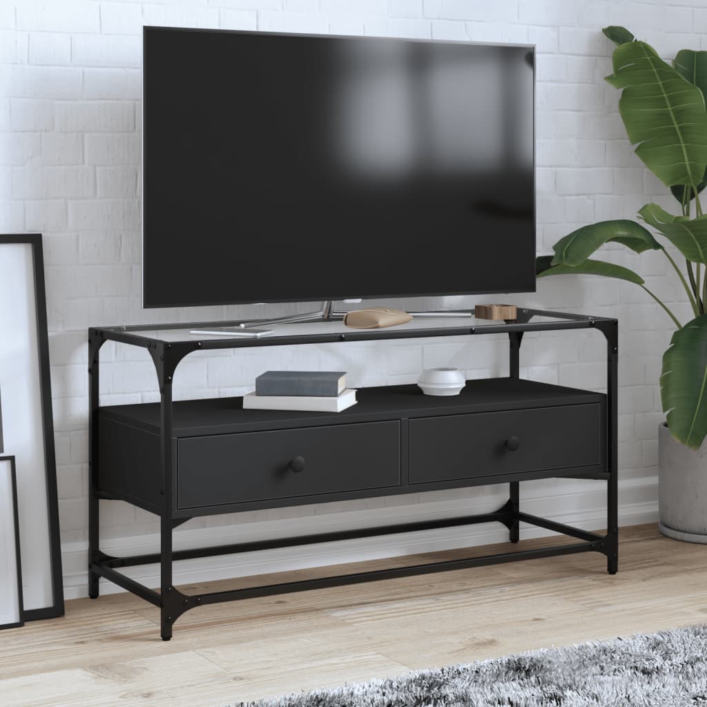 JUNG Vida TV-Schrank mit Glasplatte Schwarz 98x35x51 cm Holzwerkstoff