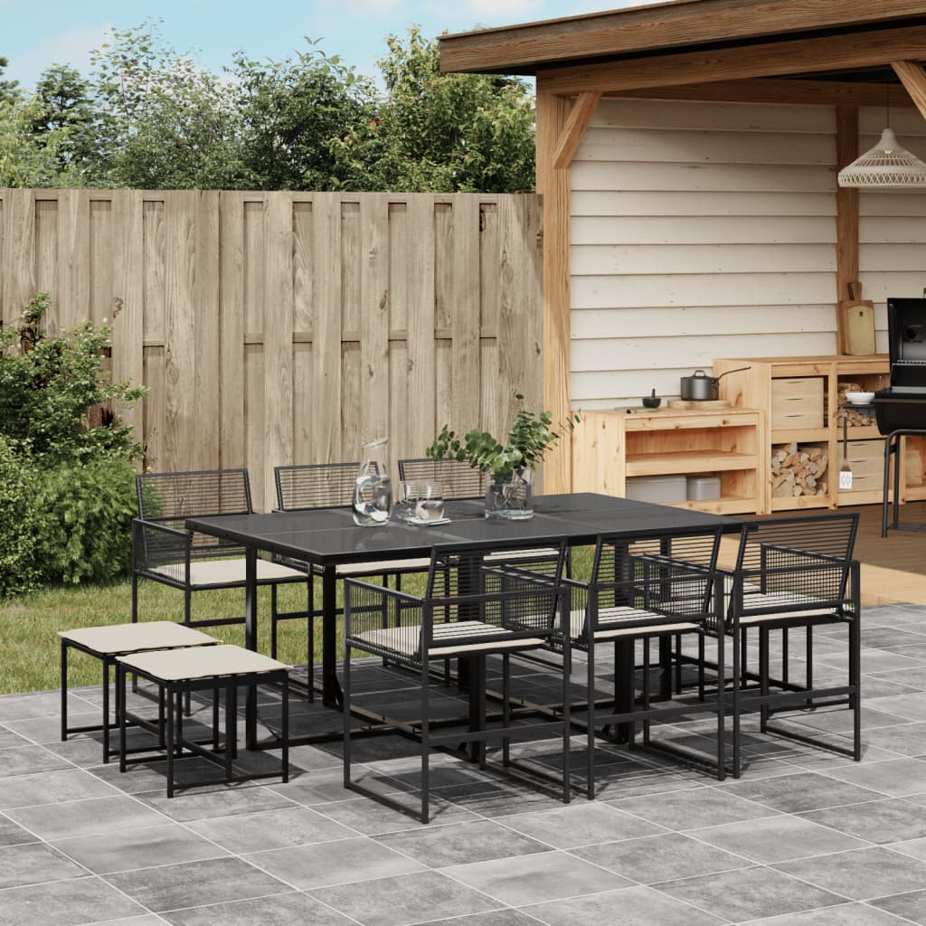 JUNG Vida 11-tlg. Garten-Essgruppe mit Kissen Schwarz Poly Rattan