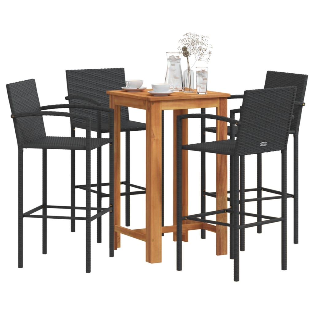 JUNG Vida 5-tlg. Gartenbar-Set Schwarz Massivholz Akazie und Poly Rattan