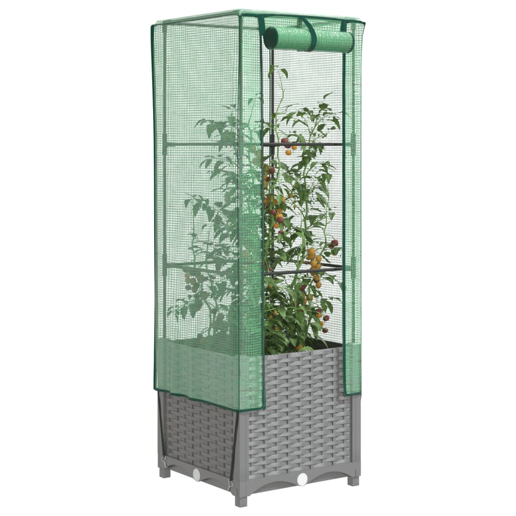 JUNG Vida Hochbeet mit Gewächshaus-Aufsatz Rattan-Optik 40x40x139 cm