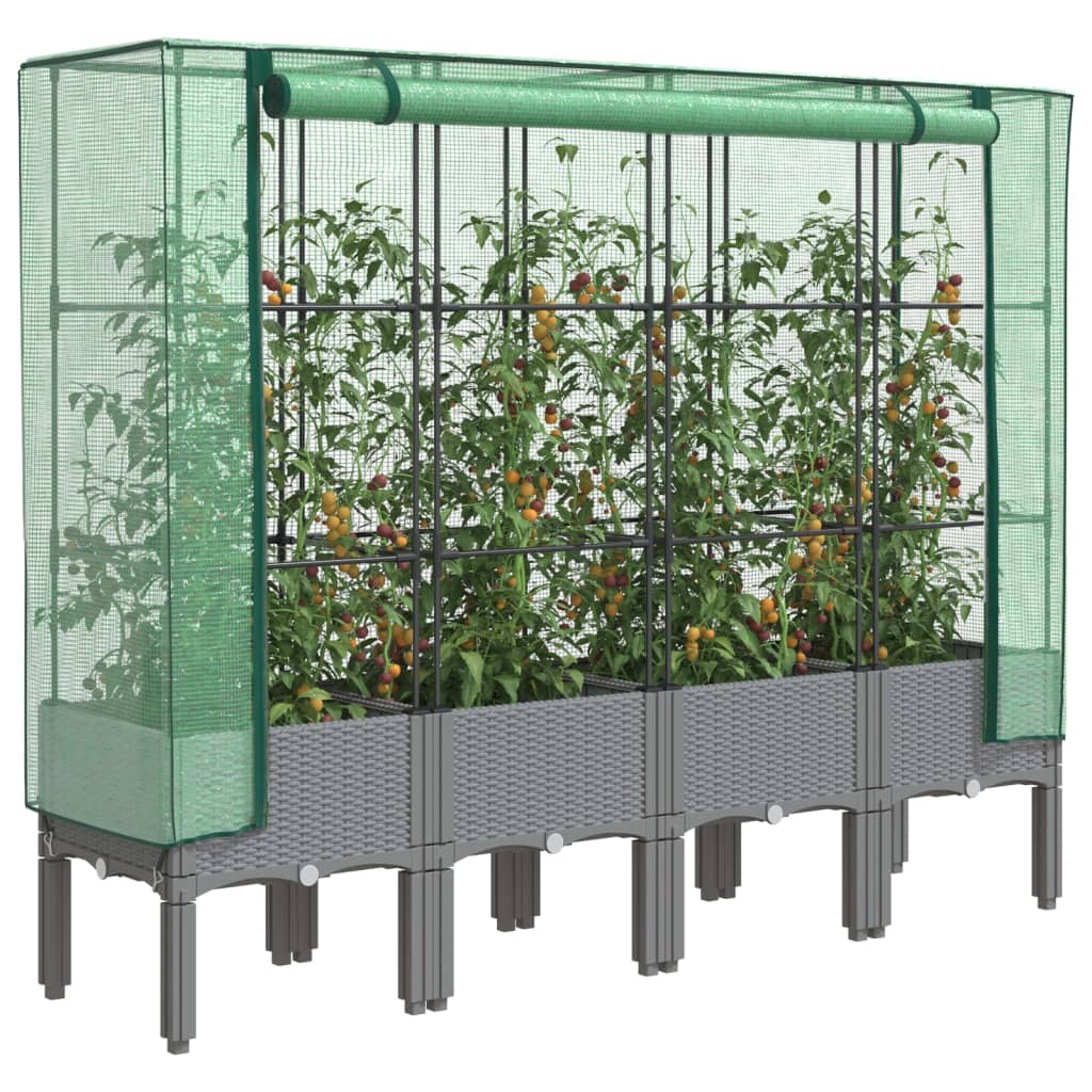 JUNG Vida Hochbeet mit Gewächshaus-Aufsatz Rattan-Optik 160x40x140 cm