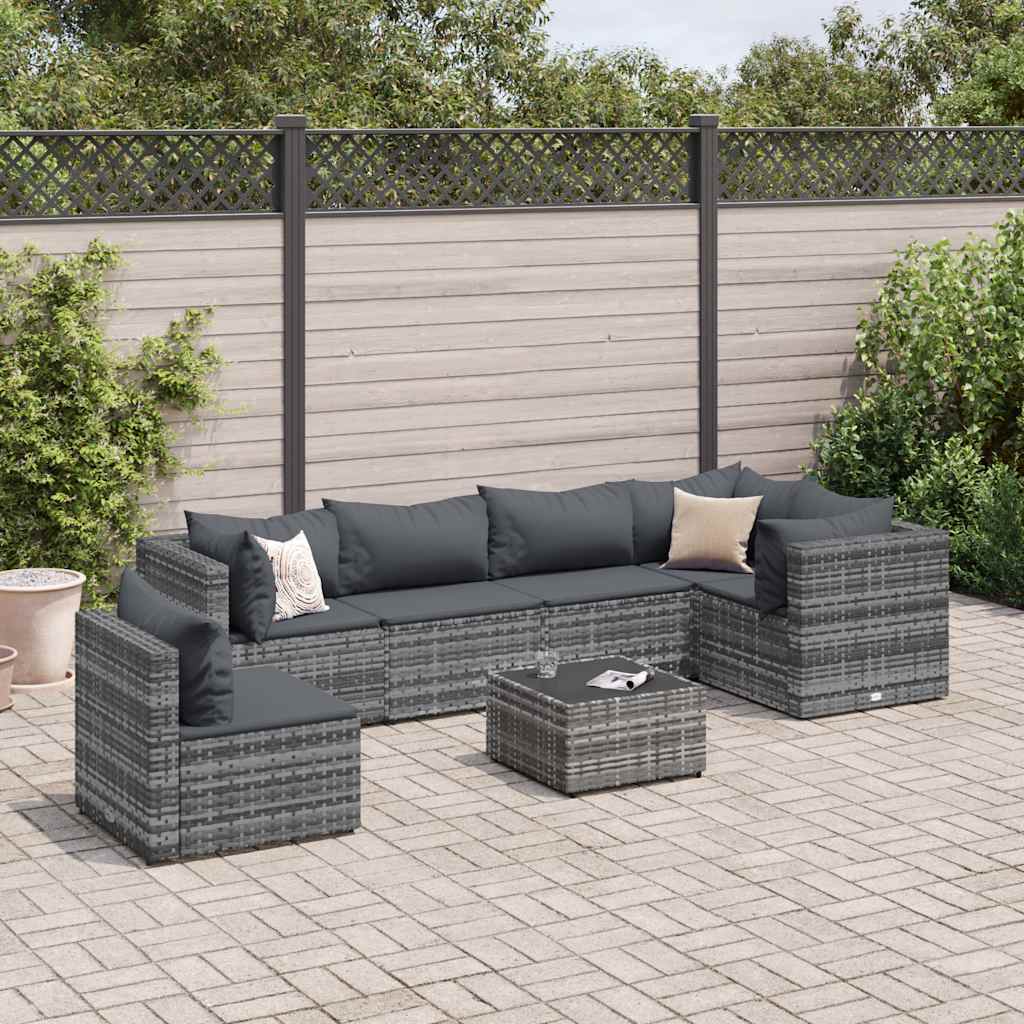 JUNG Vida 7-tlg. Garten-Lounge-Set mit Kissen Grau Poly Rattan