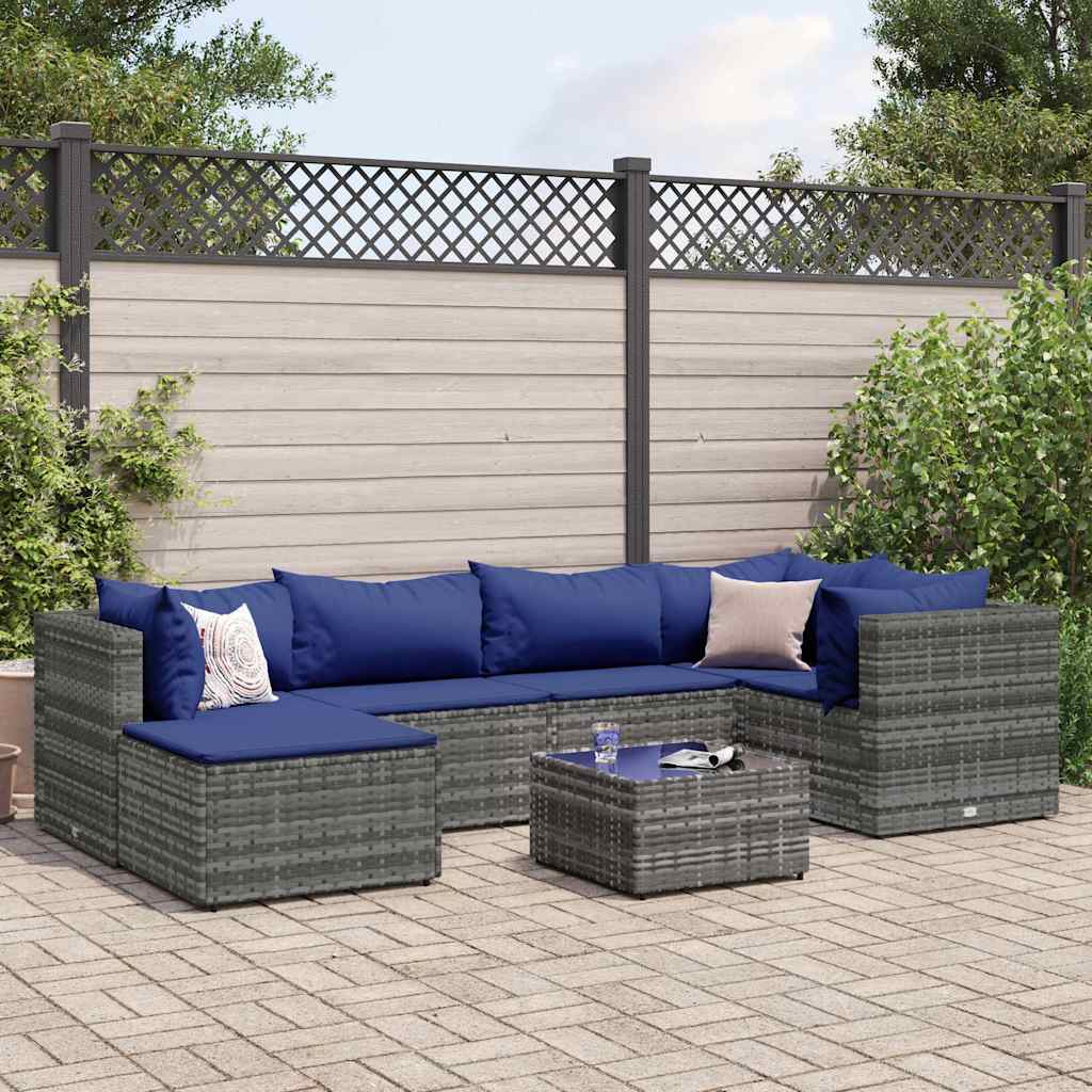 JUNG Vida 7-tlg. Garten-Lounge-Set mit Kissen Grau Poly Rattan