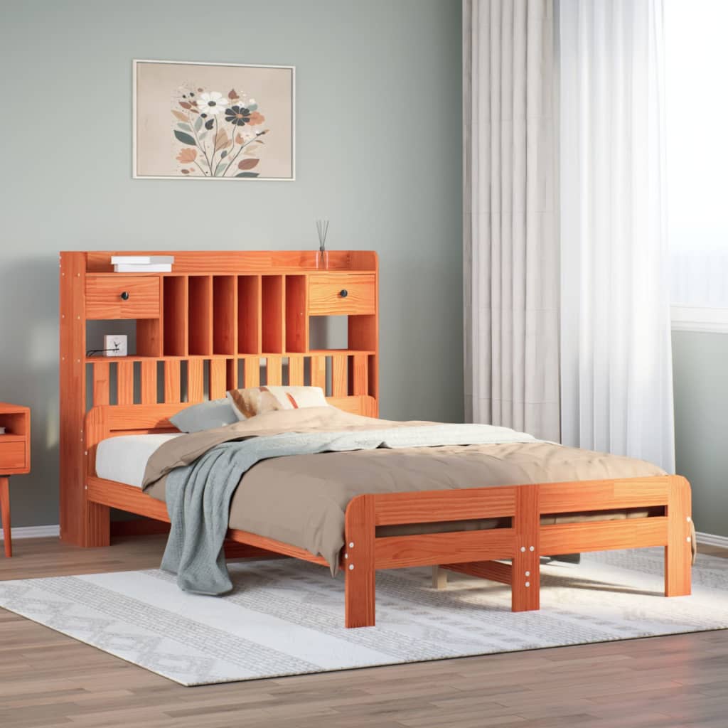 JUNG Vida Massivholzbett mit Regal ohne Matratze Wachsbraun 135x190 cm