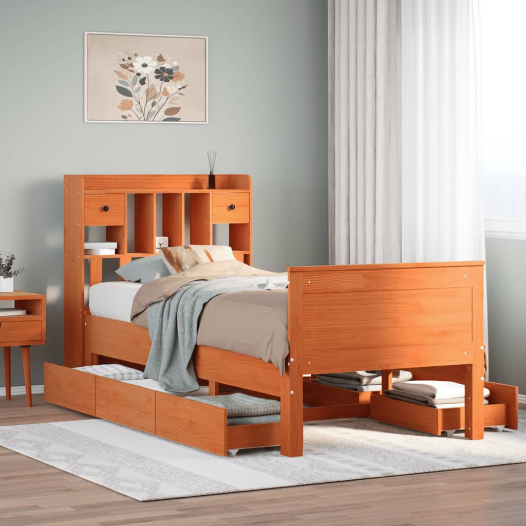 JUNG Vida Massivholzbett mit Regal ohne Matratze Wachsbraun 75x190 cm