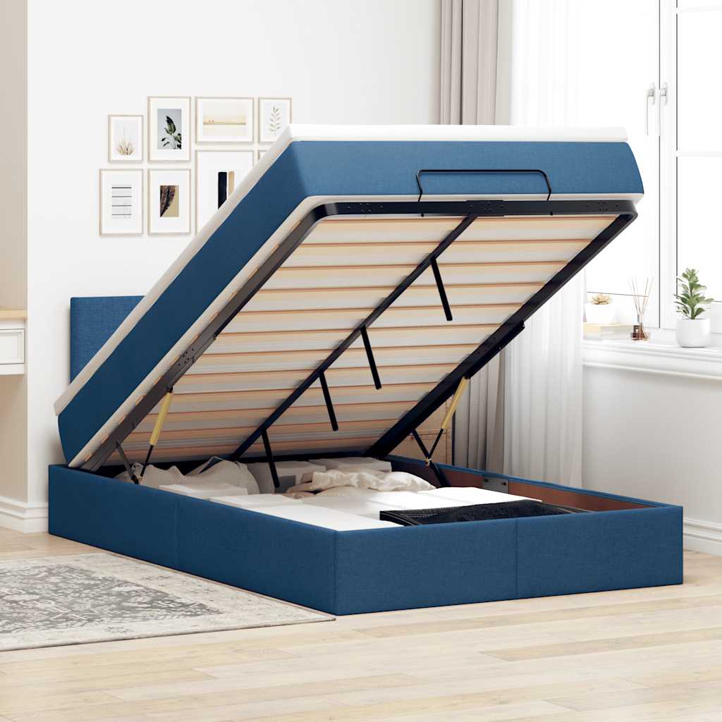 JUNG Vida Ottomane Bett mit Matratze & LEDs Blau 120x190 cm Stoff
