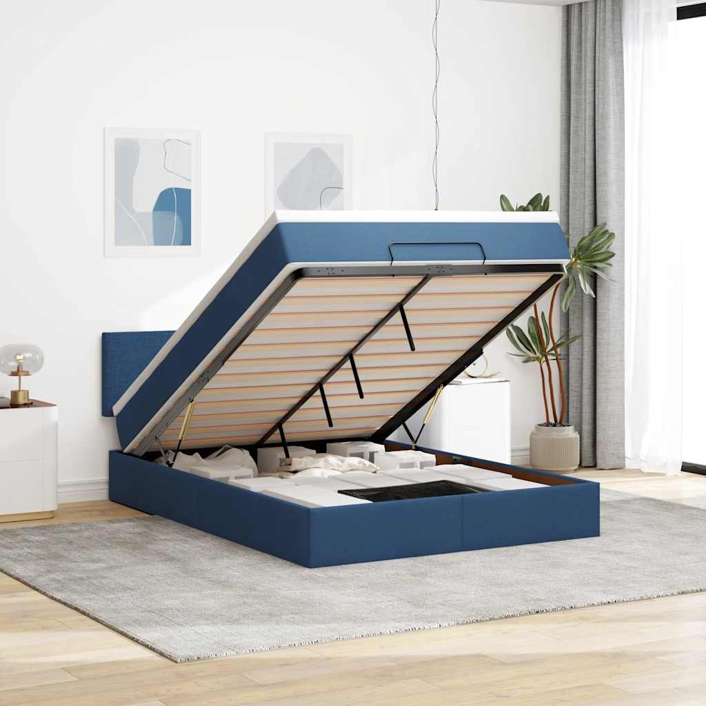 JUNG Vida Ottomane Bett mit Matratze & LEDs Blau 140x190 cm Stoff