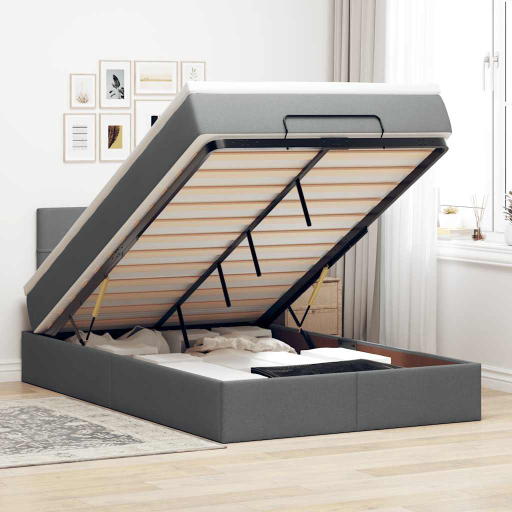 JUNG Vida Ottomane Bett mit Matratze & LEDs Dunkelgrau 120x190 cm Stoff