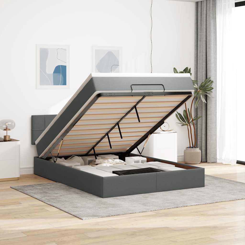 JUNG Vida Ottomane Bett mit Matratze & LEDs Dunkelgrau 140x190 cm Stoff