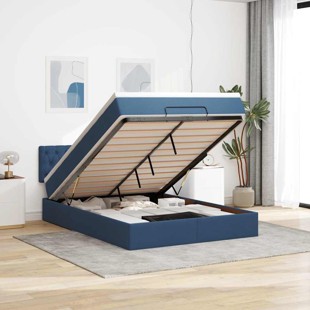 JUNG Vida Ottomane Bett mit Matratze & LEDs Blau 140x190 cm Stoff