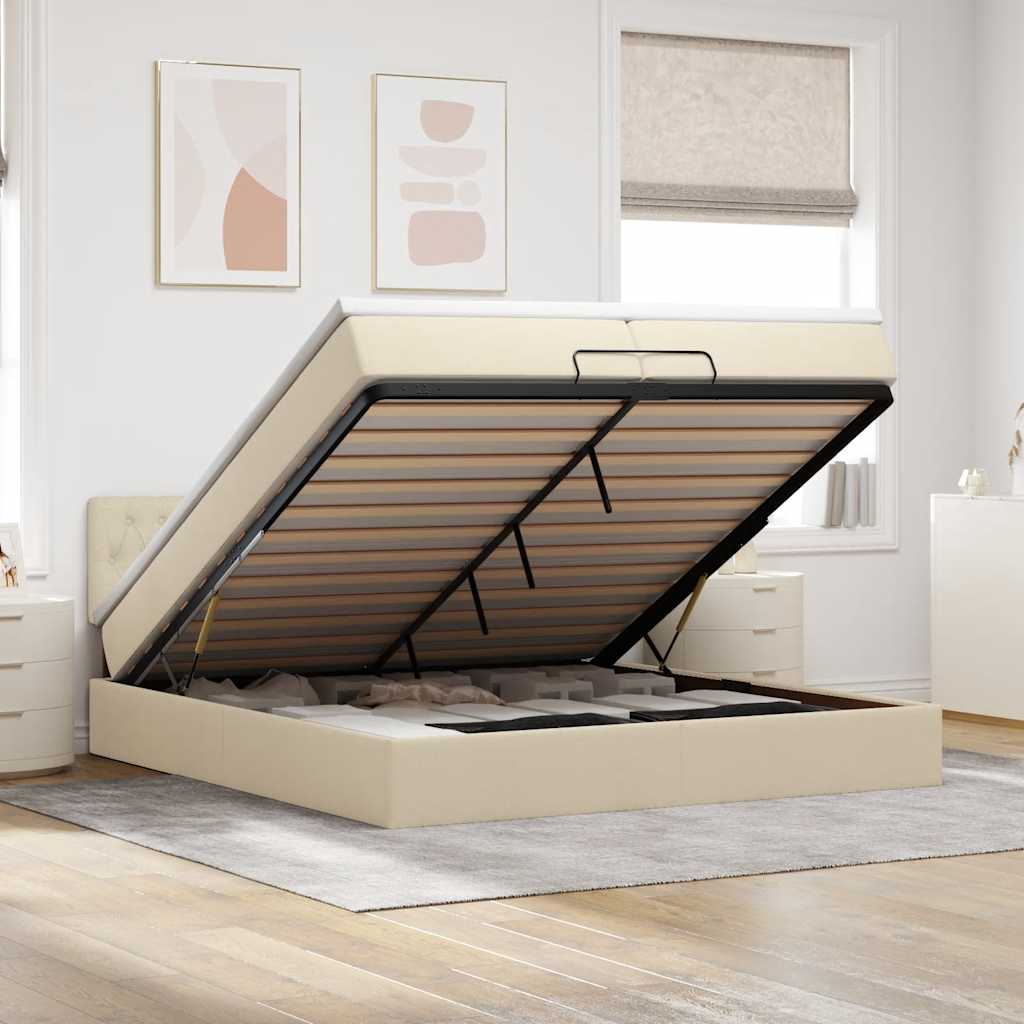 JUNG Vida Ottoman-Bett mit Matratzen & LEDs Creme 200x200 cm Stoff