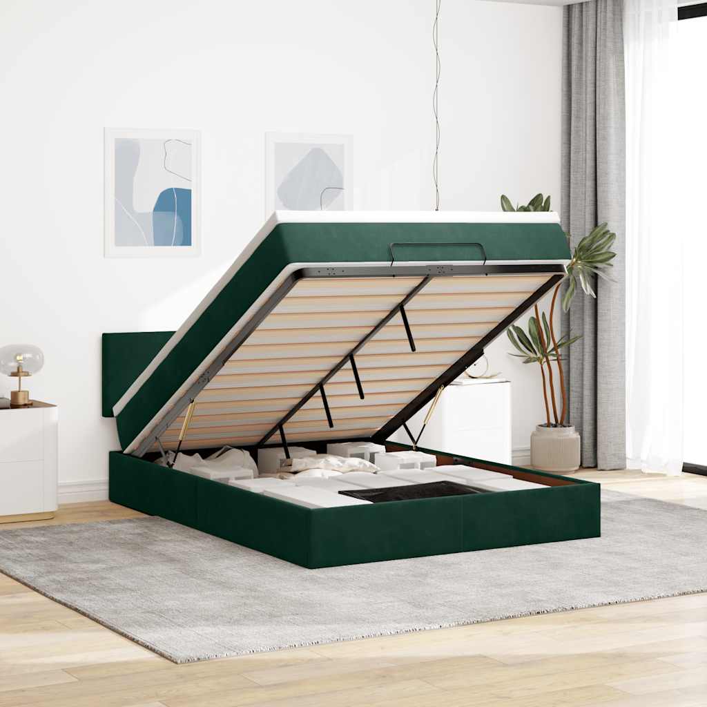 JUNG Vida Ottoman-Bett mit Matratze & LEDs Dunkelgrün 140x190 cm Samt