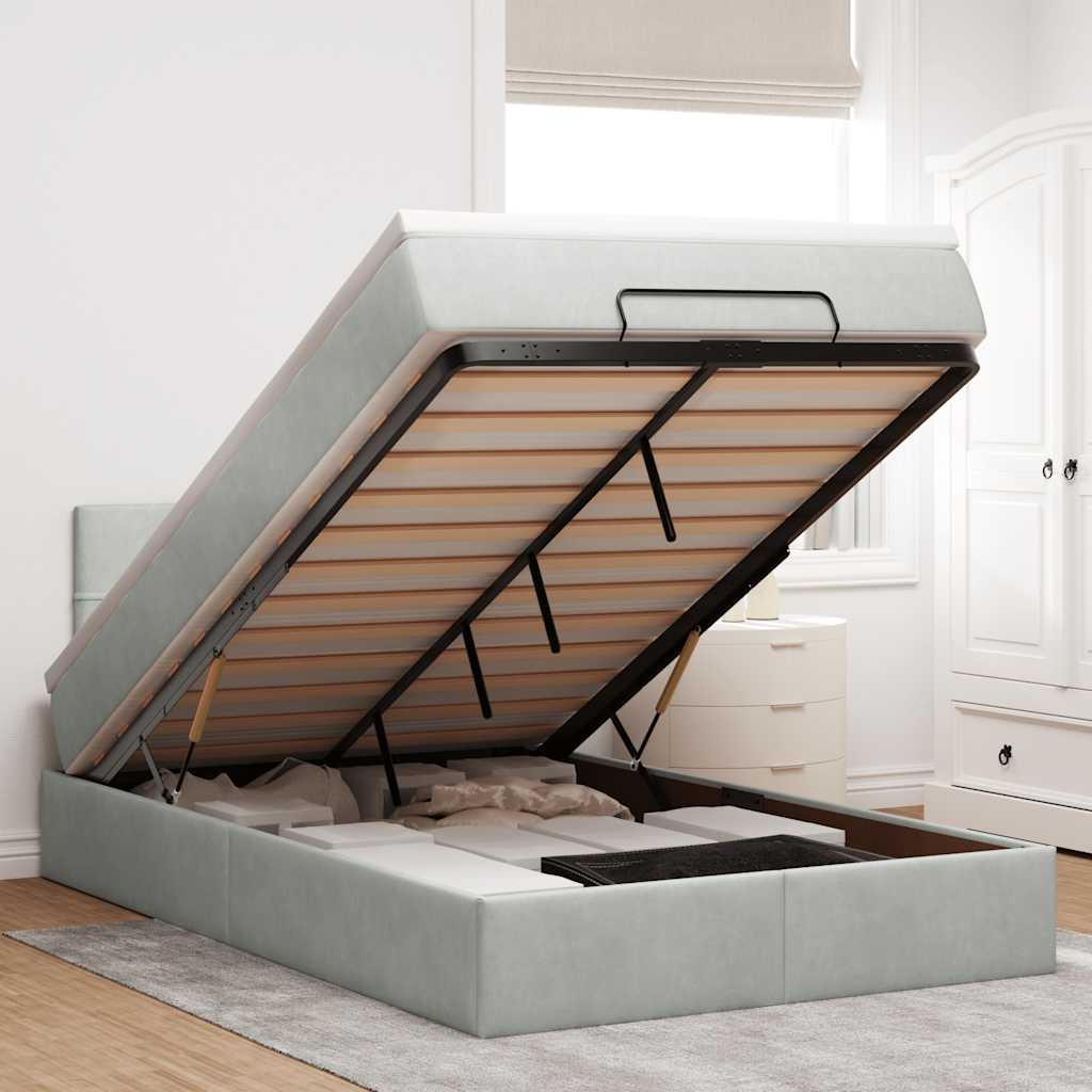 JUNG Vida Ottomane Bett mit Matratze & LEDs Hellgrau 120x190 cm Samt