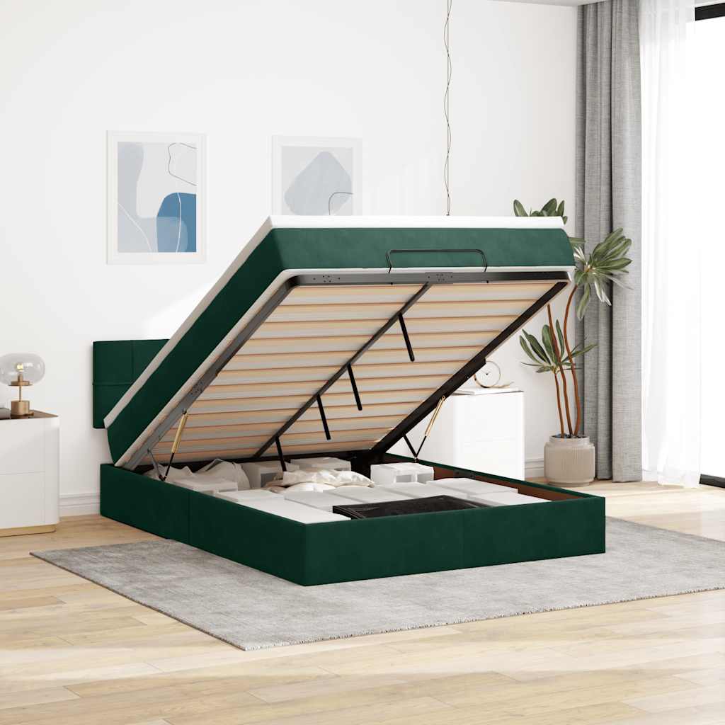 JUNG Vida Ottoman-Bett mit Matratze & LEDs Dunkelgrün 140x190 cm Samt