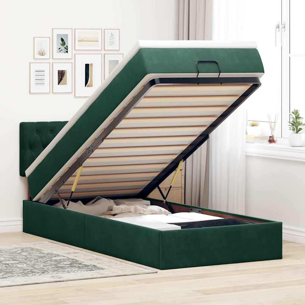 JUNG Vida Ottoman-Bett mit Matratze & LEDs Dunkelgrün 100x200 cm Samt