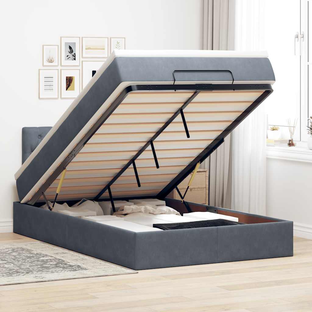 JUNG Vida Ottomane Bett mit Matratze & LEDs Dunkelgrau 120x190 cm Samt