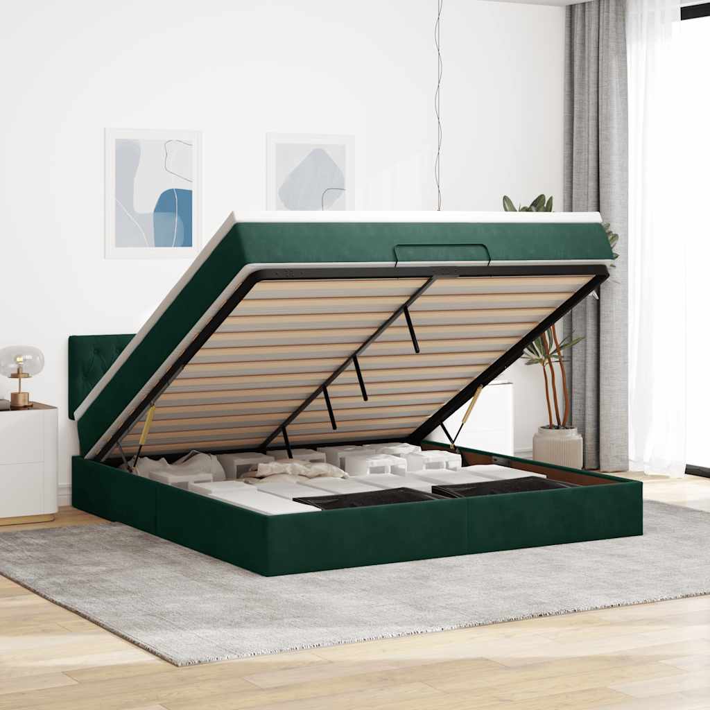 JUNG Vida Ottoman-Bett mit Matratze & LEDs Dunkelgrün 160x200 cm Samt