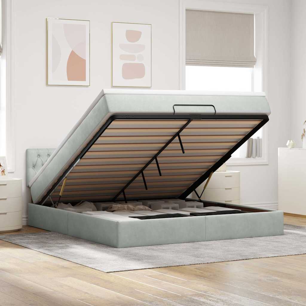 JUNG Vida Ottoman-Bett mit Matratze & LEDs Hellgrau 180x200 cm Samt
