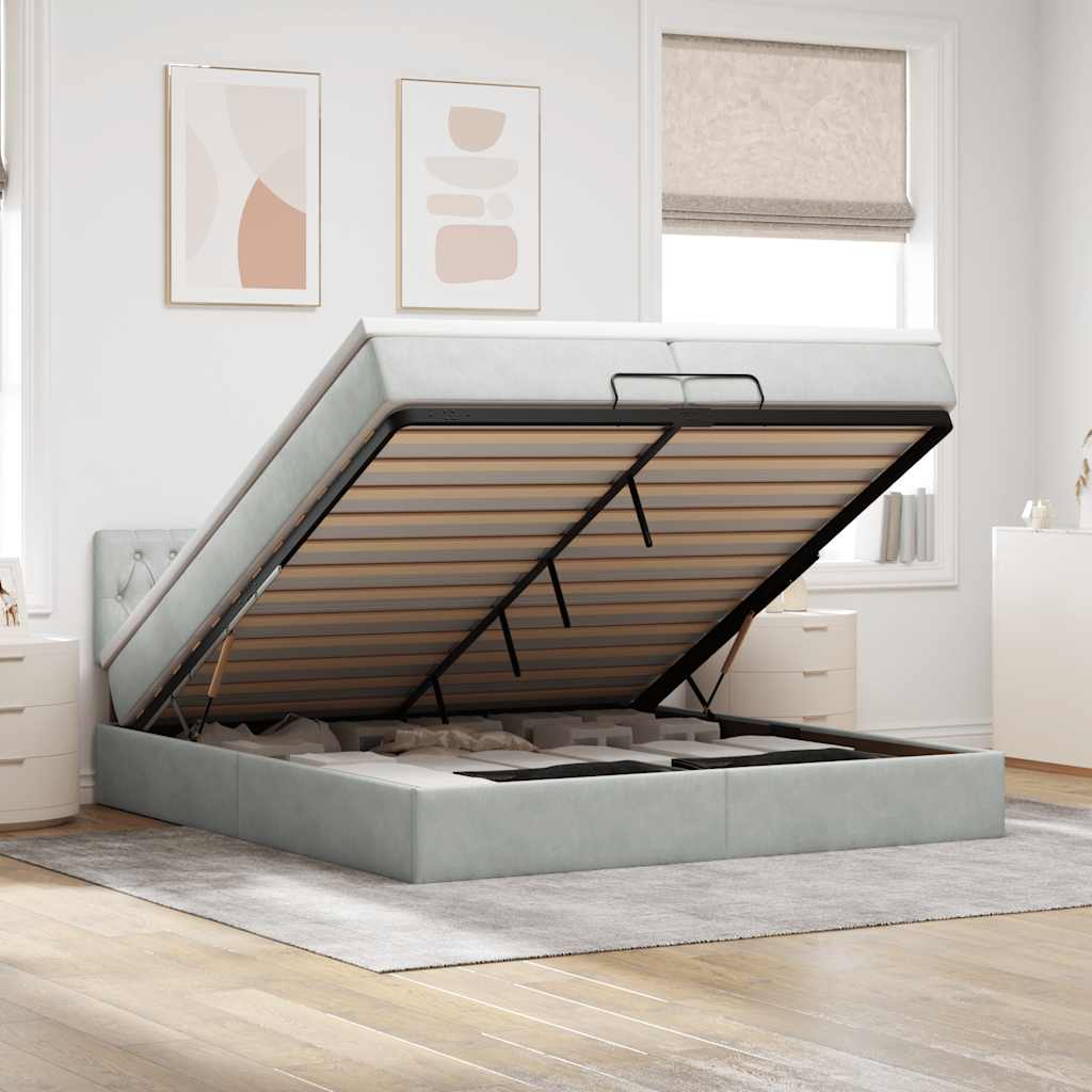 JUNG Vida Ottoman-Bett mit Matratzen & LEDs Hellgrau 200x200 cm Samt