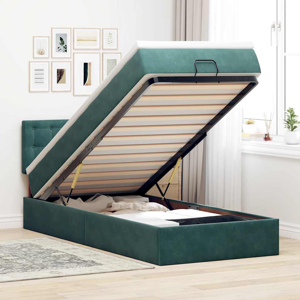 JUNG Vida Ottomane Bett mit Matratze & LEDs Dunkelgrün 90x200 cm Samt