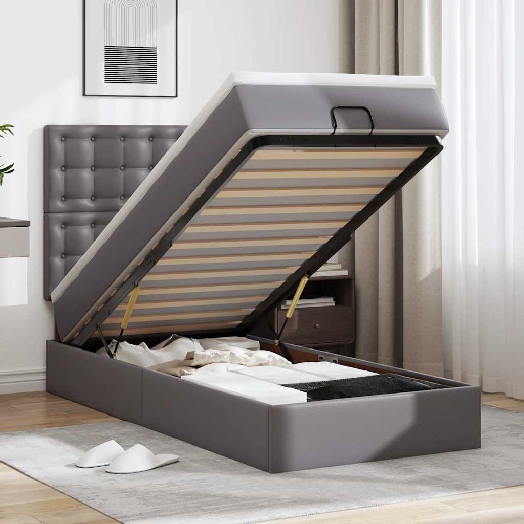 JUNG Vida Ottoman-Bett mit Matratze & LEDs Grau 90x200 cm Kunstleder