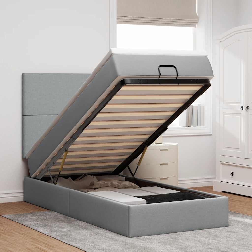JUNG Vida Ottoman-Bett mit Matratze & LEDs Hellgrau 90x190 cm Stoff