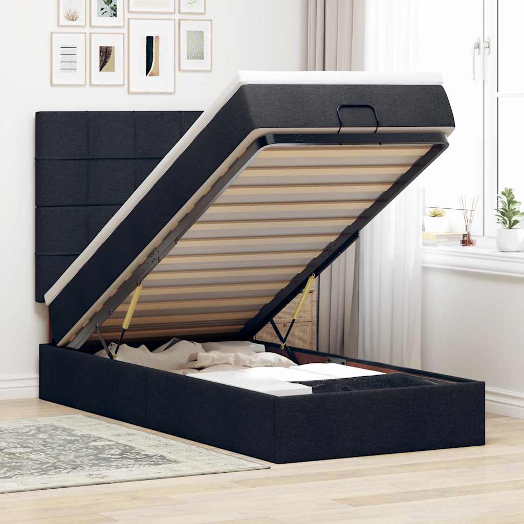 JUNG Vida Ottoman-Bett mit Matratze & LEDs Schwarz 90x190 cm Stoff