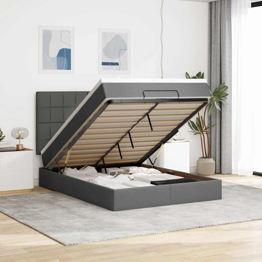 JUNG Vida Ottoman-Bett mit Matratze & LEDs Dunkelgrau 140x200 cm Stoff
