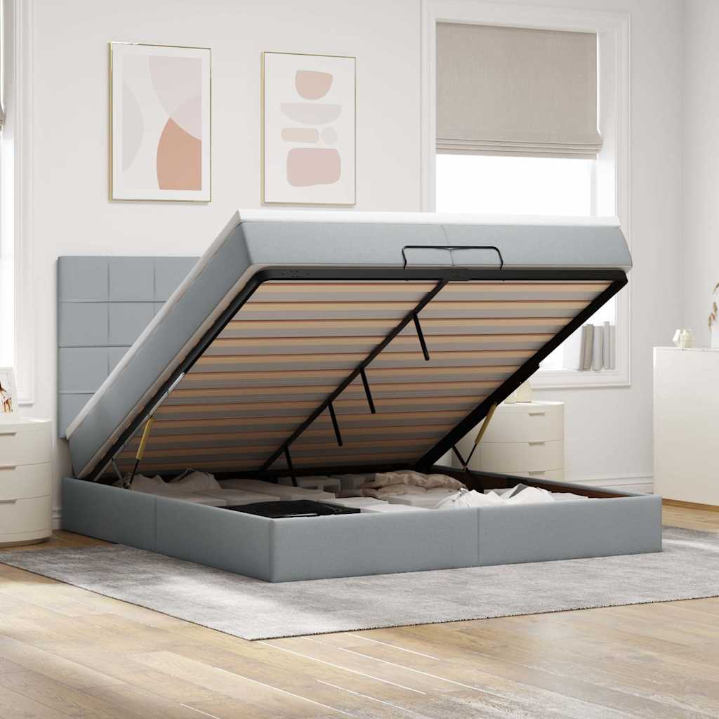 JUNG Vida Ottoman-Bett mit Matratzen & LEDs Hellgrau 200x200 cm Stoff