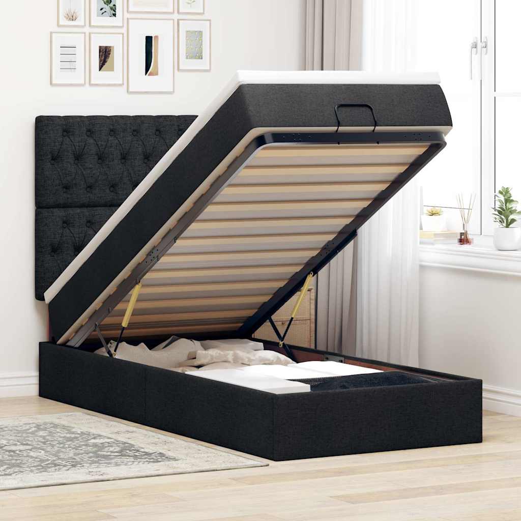 JUNG Vida Ottoman-Bett mit Matratze & LEDs Schwarz 90x190 cm Stoff