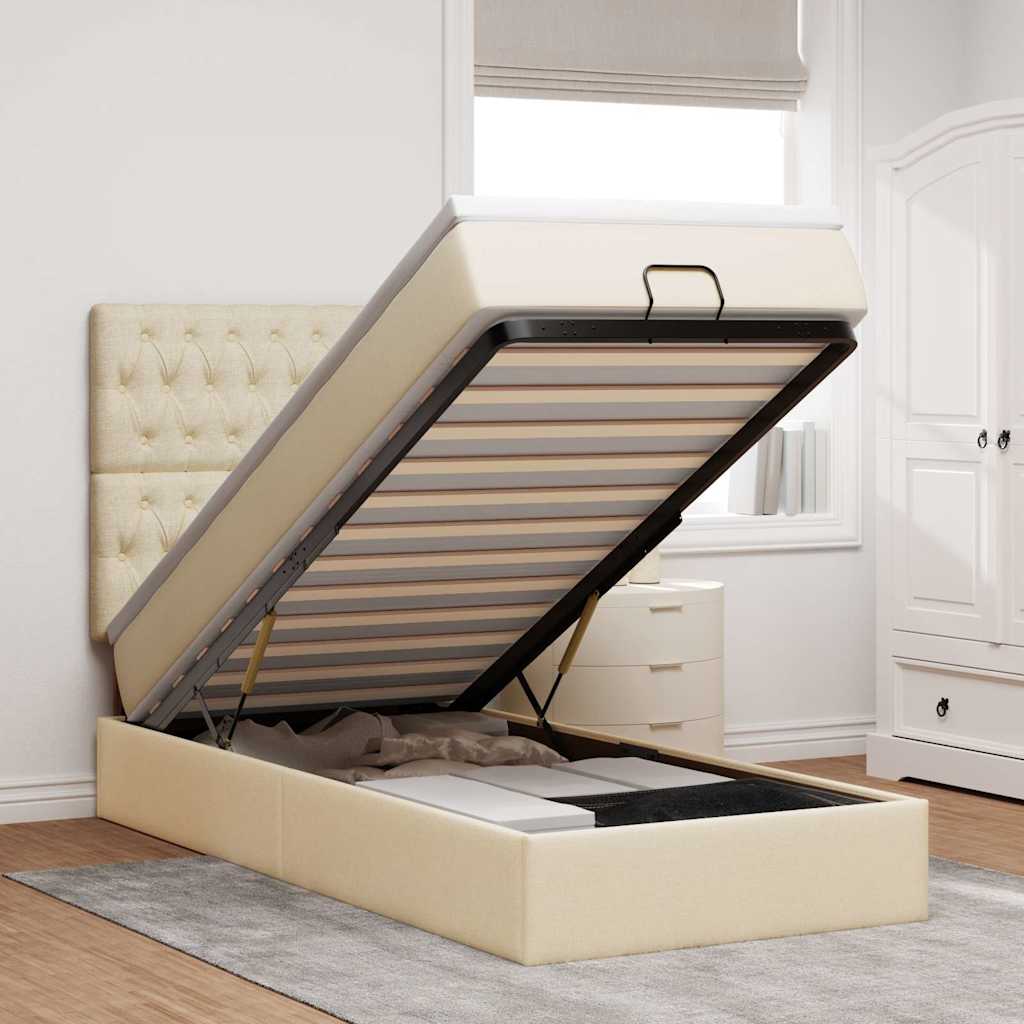 JUNG Vida Ottoman-Bett mit Matratze & LEDs Creme 100x200 cm Stoff