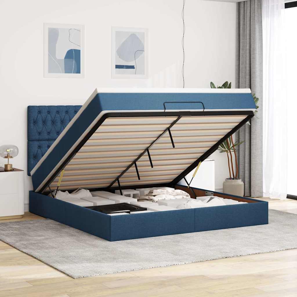 JUNG Vida Ottoman-Bett mit Matratze & LEDs Blau 180x200 cm Stoff