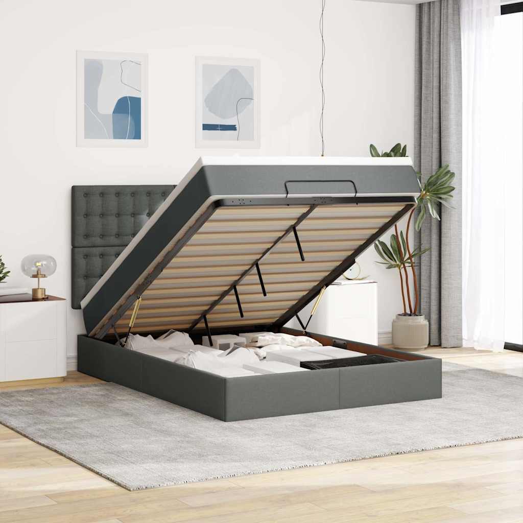 JUNG Vida Ottoman-Bett mit Matratze & LEDs Dunkelgrau 140x200 cm Stoff