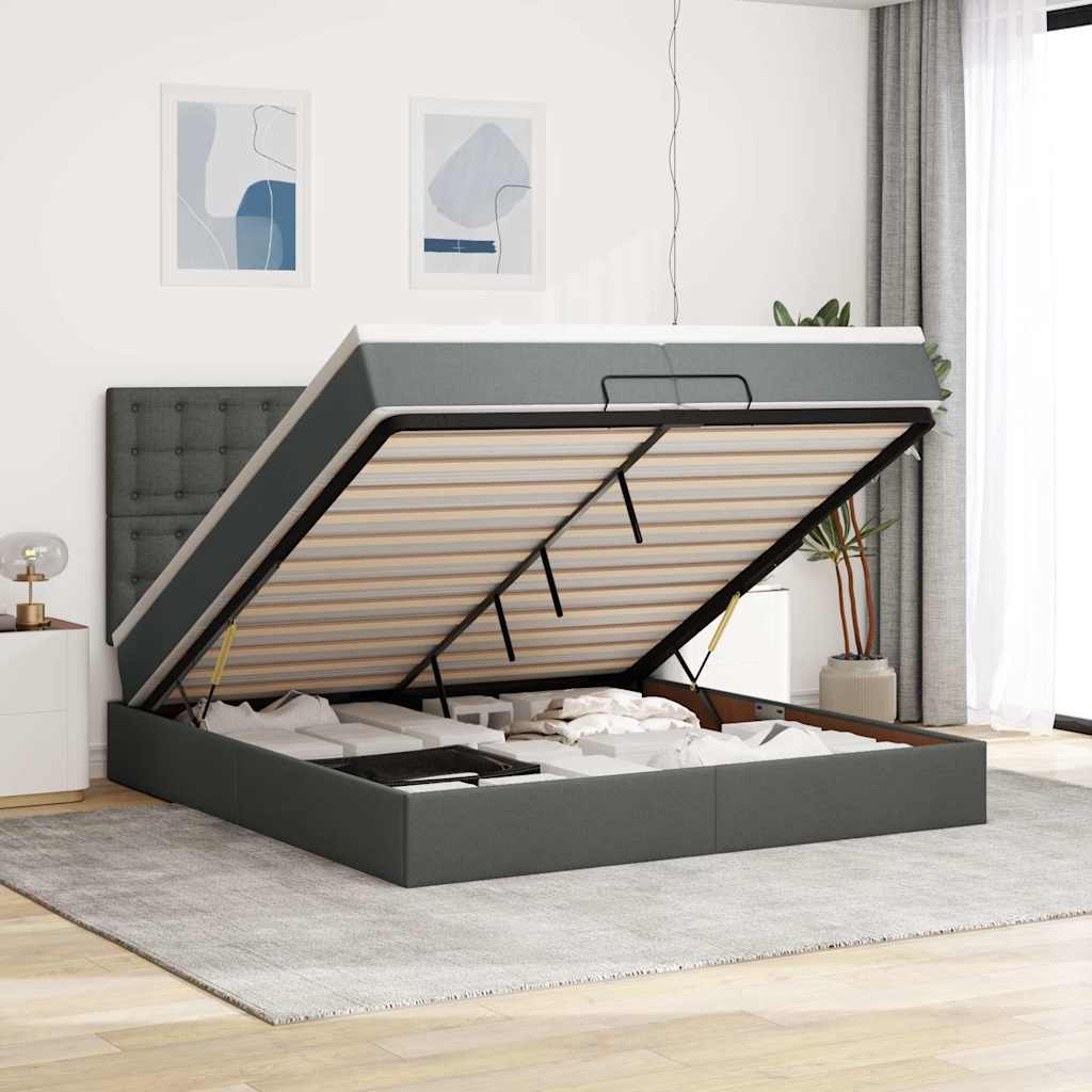 JUNG Vida Ottoman-Bett mit Matratzen & LEDs Dunkelgrau 200x200 cm Stoff