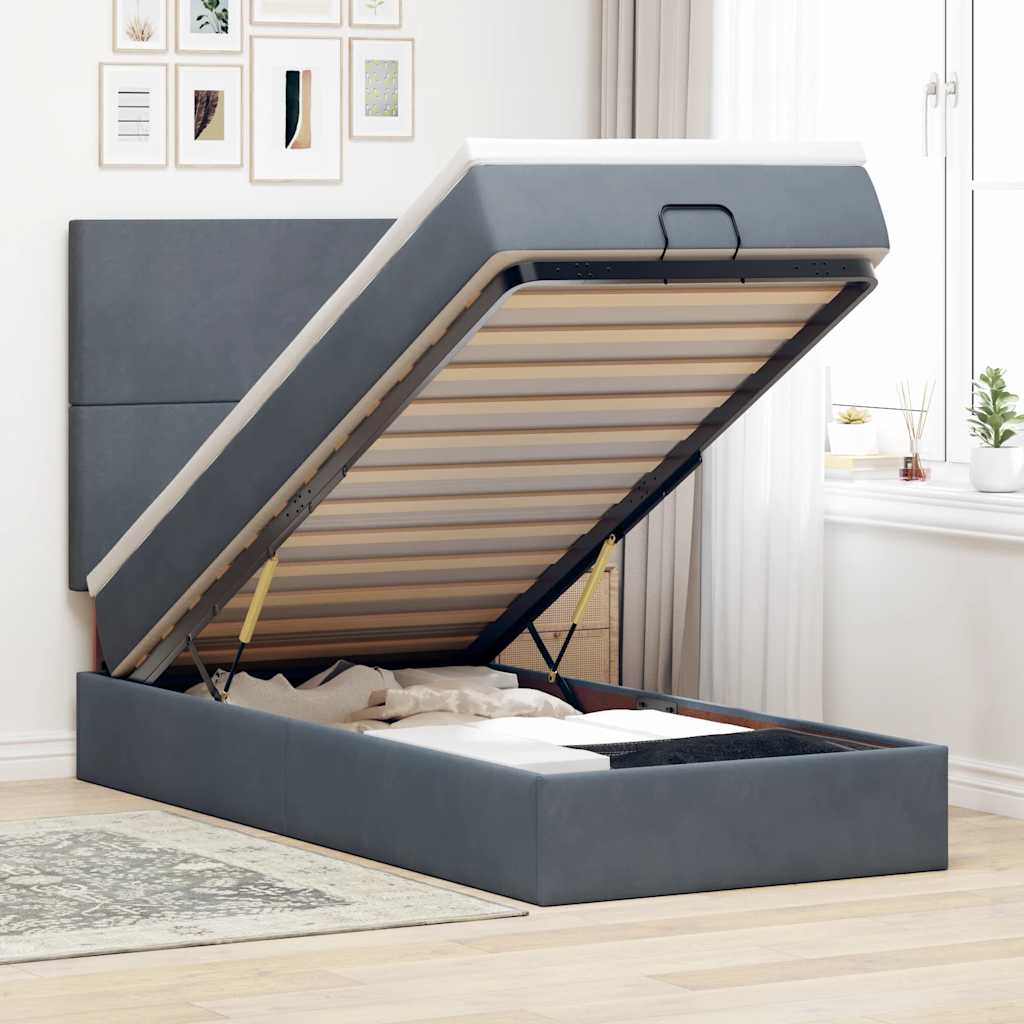 JUNG Vida Ottoman-Bett mit Matratzen & LEDs Dunkelgrau 90x200 cm Samt