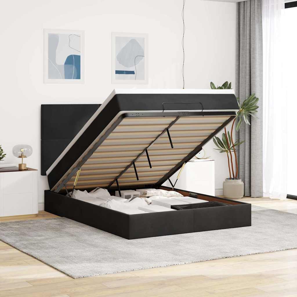 JUNG Vida Ottoman-Bett mit Matratzen & LEDs Schwarz 140x190 cm Samt