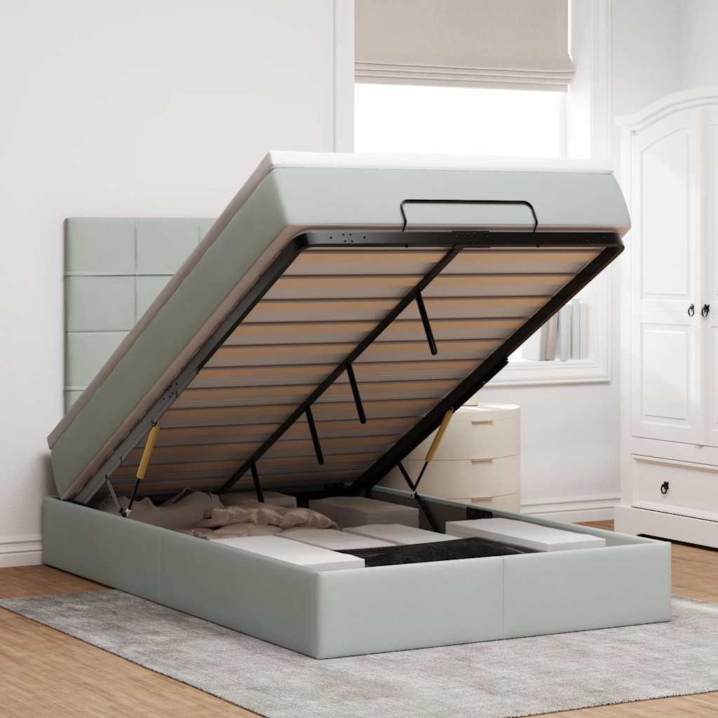 JUNG Vida Ottoman-Bett mit Matratzen & LEDs Hellgrau 120x190 cm Samt