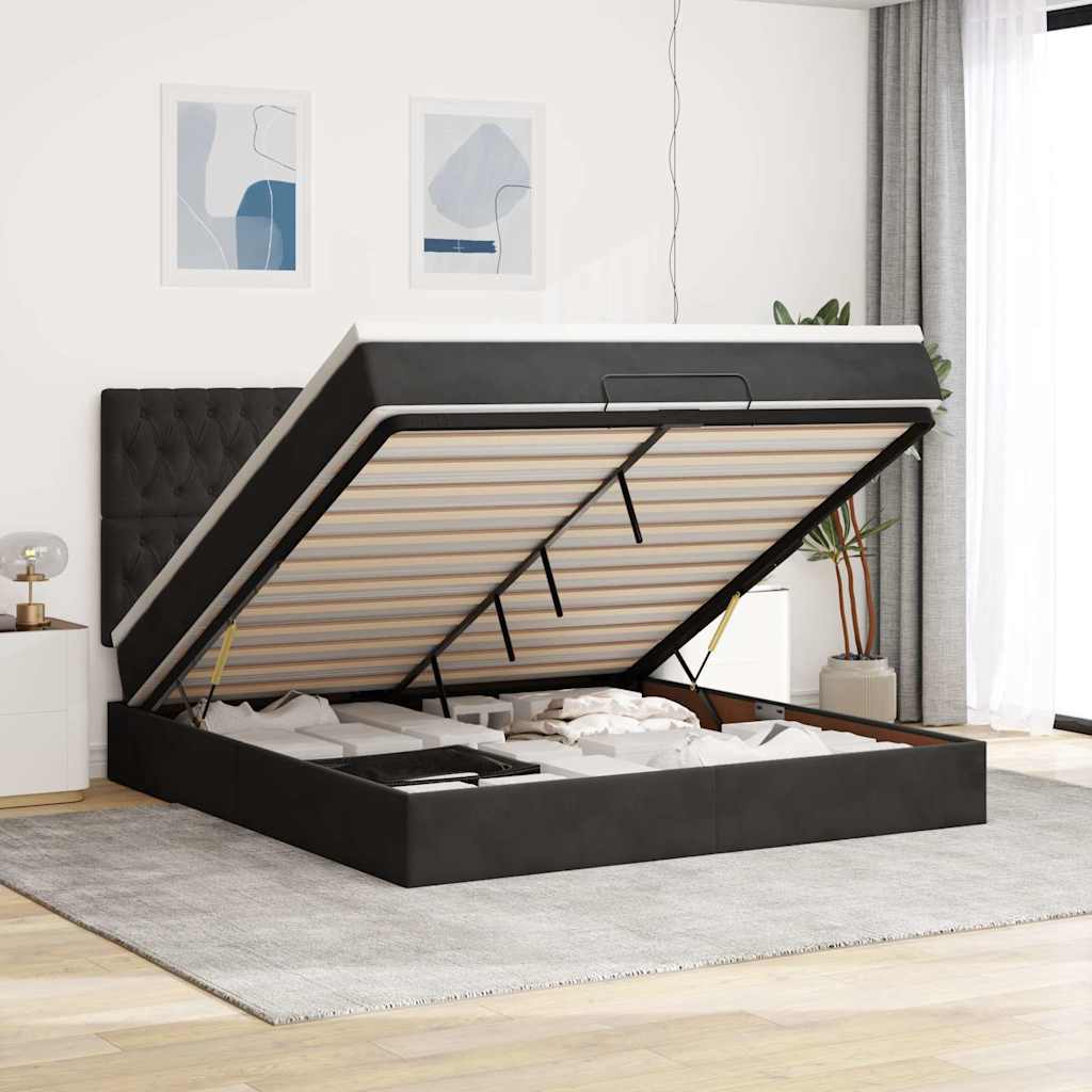 JUNG Vida Ottoman-Bett mit Matratzen & LEDs Schwarz 160x200 cm Samt