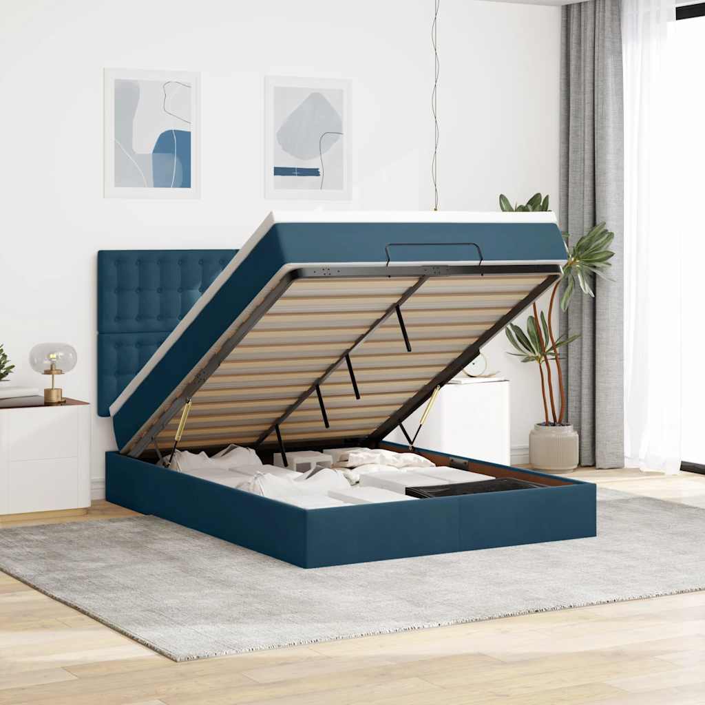 JUNG Vida Ottoman-Bett mit Matratzen & LEDs Dunkelblau 140x190 cm Samt