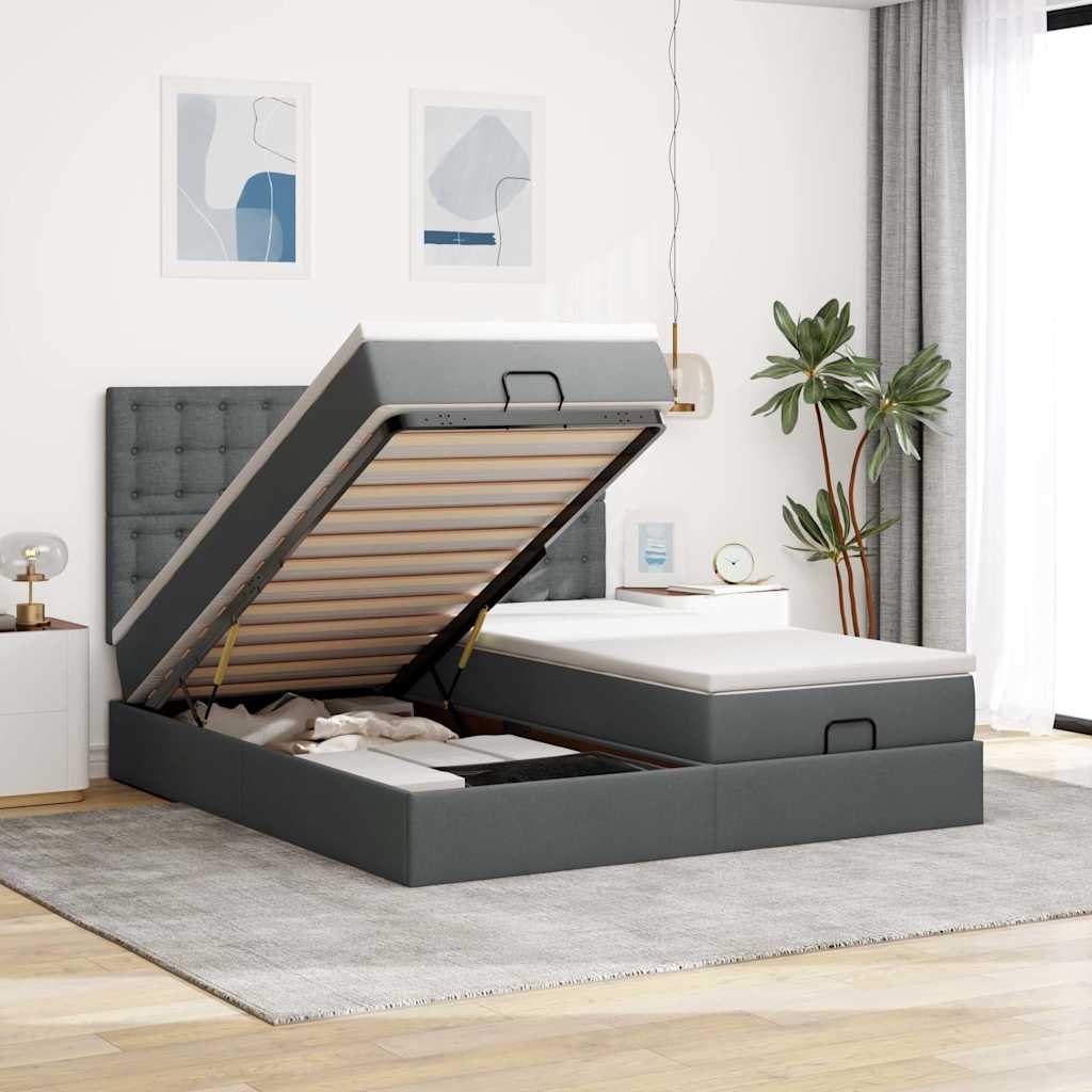 JUNG Vida Ottoman-Bett mit Matratzen & LEDs Dunkelgrau 200x200 cm Stoff